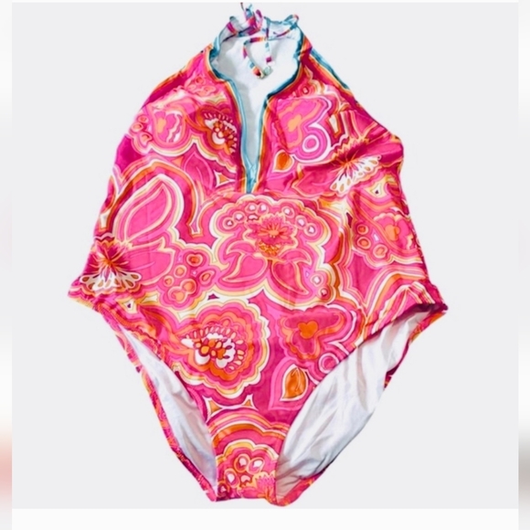 Trina Turk Morning Sunrise One Piece Plunge Swimsuit Pink Aqua White Size 22W - Picture 3 of 5